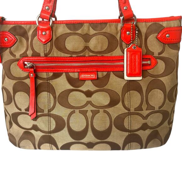 Coach Daisy Outline Signature Emma Tote Bag Khaki Orange Red Leather F24066 - Picture 6 of 13